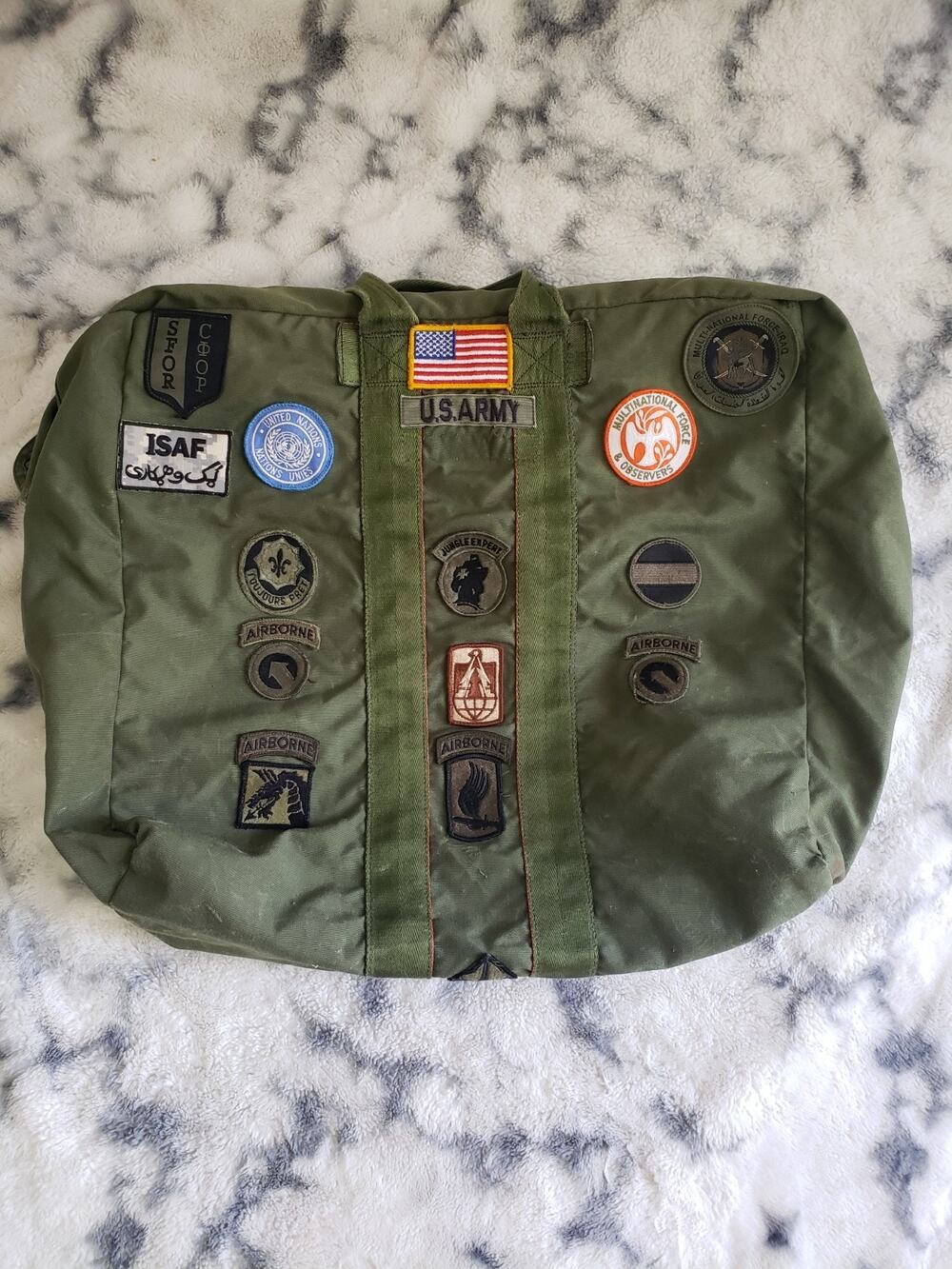 RARE Vintage US Military Army Flyers Kit Bag Duffel Bag Olive Patches 80s
